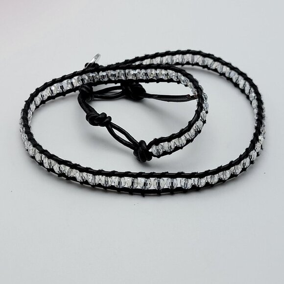 Victoria Emerson Black Leather Wrap Bracelet With Clear Crystal 16 Inch Adj. - Picture 2 of 6